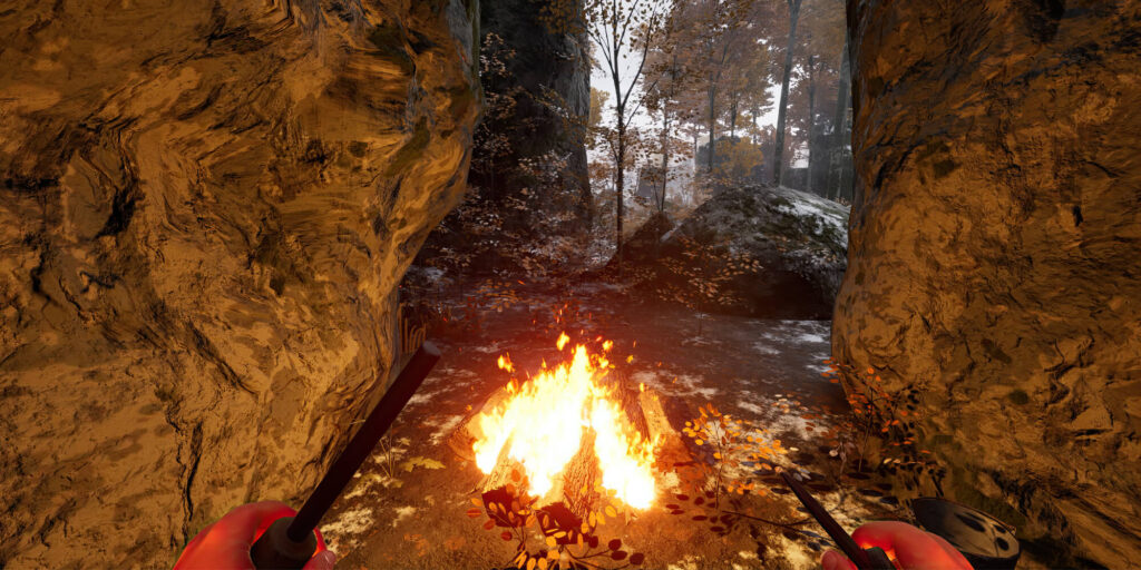 A survivor warms up by a campfire in the wilderness of Prologue: Go Wayback